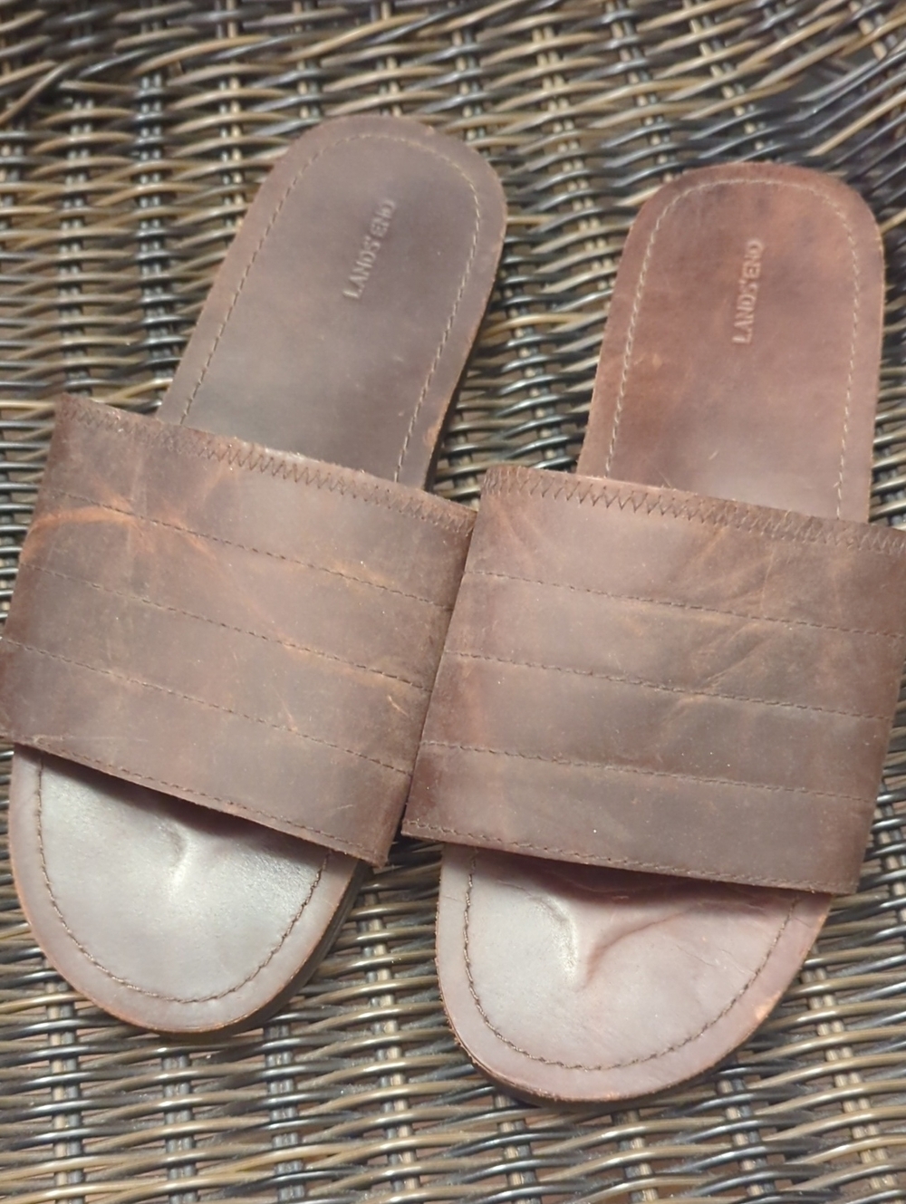 Lands' End Men's Brown Leather Slide Sandals - Wide Strap